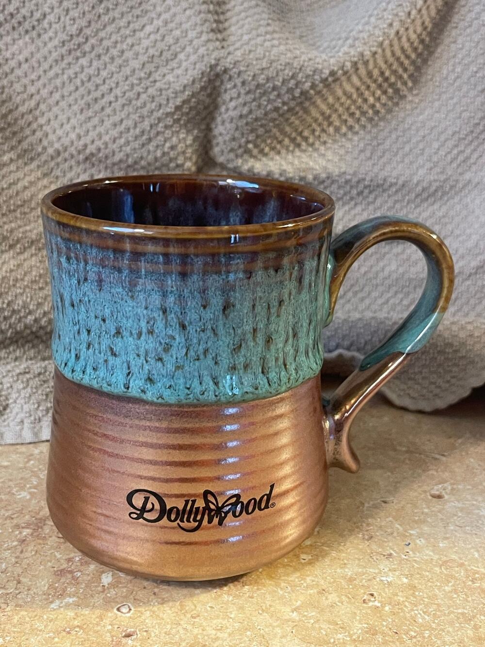 New Dollywood Large Tall Coffee Mug/Cup Teal and Bronze